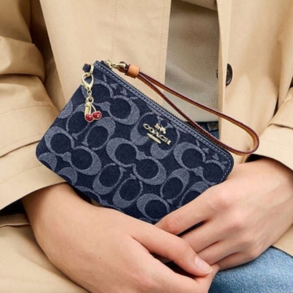 Coach Denim Corner Zip Wristlet With Cherry Charm - Picture 8 of 16